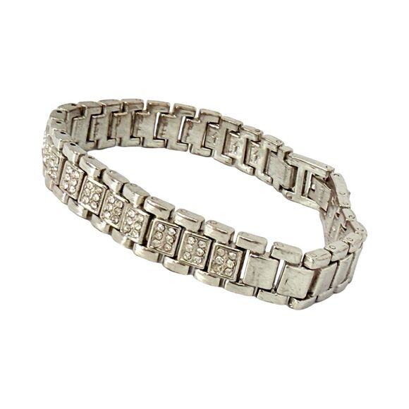 Silver Tone Rhinestone Watch Link Bracelet 7" Shimmering Trendy 90s - Picture 8 of 14